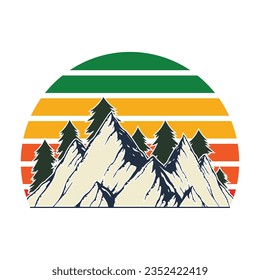 Retro Sunset Mountain Forest T Shirt Design, Outdoor adventure . Vector graphic for t shirt and other uses