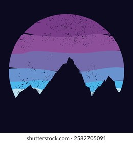 Retro sunset mountains. 80s style grunge striped sunsets.Tourism or travel concept, adventure logo. Vector illustration.