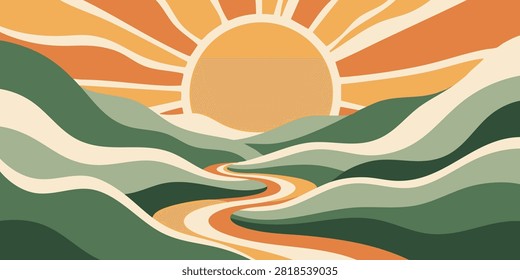 Retro Sunset Over Rolling Hills and Winding River, Vibrant Bohemian-Inspired Landscape Artwork