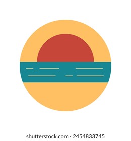  Atardecer retro sobre el mar o el océano . Playa, puesta de sol y mar. Diseño de logotipo o insignia de verano de estilo Antiguas aislado sobre fondo blanco. Ilustración vectorial.