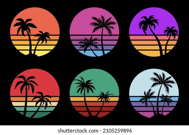 Retro sunset with palm tree silhouette collection. Vector retrowave elements