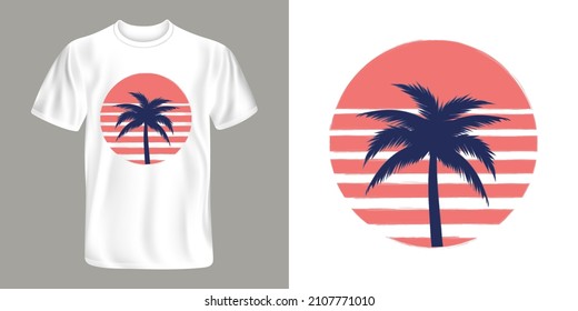 Retro sunset with palm tree. Vector template for t-shirt design.