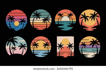 Retro sunset with palm trees and ocean waves in various designs