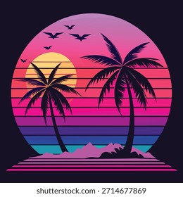 Atardecer retro con palmeras en una isla y pájaros voladores en una playa circular