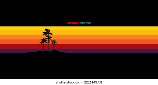 Retro sunset and palm trees. Original vector illustration. A design element. Print on a T-shirt.