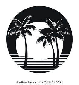 Retro sunset with palm trees silhouettes in the style of the 80s and 90s. Abstract background.Vector design template for logo, badges. Isolated white background.