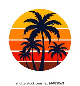 Retro Sunset with palm trees. Vintage style vector illustration.