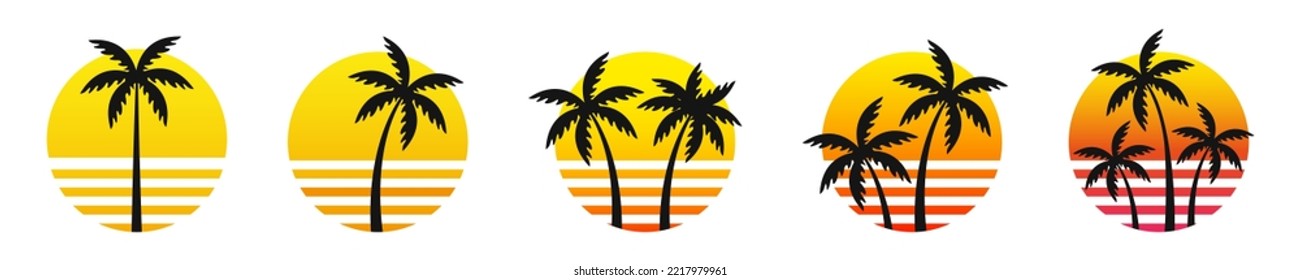 Retro sunset with palms. Isolated sun and palms vintage illustration. Sunset palm icon set. EPS 10