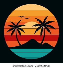 Retro Sunset Paradise: Palm trees silhouetted against a vibrant, retro-striped sunset over a tranquil ocean. 