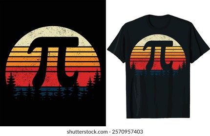 Retro Sunset Pi Symbol T-Shirt Design with Pine Trees