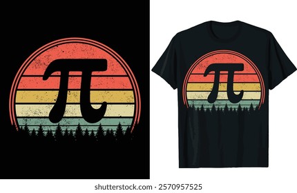 Retro Sunset Pi Symbol T-Shirt Design with Pine Trees