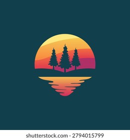 Retro Sunset Pine Tree Logo Template