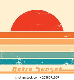 Retro Sunset poster with vintage grunge texture. Vector illustration.