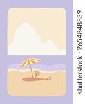 Retro sunset and seaside poster set in pastel colors, soft toned coastal prints with relaxing beach elements, dreamy summer coast poster with retro vibes
