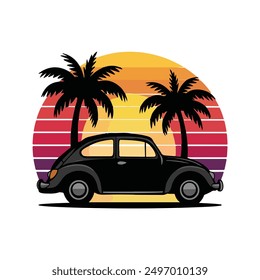 Retro sunset set with black car palm tree silhouettes isolated on t shirt design