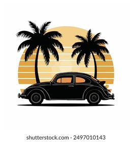 Retro sunset set with black car palm tree silhouettes isolated on t shirt design