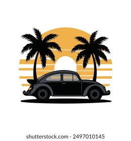 Retro sunset set with black car palm tree silhouettes isolated on t shirt design