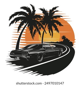 Retro sunset set with black car palm tree silhouettes isolated on t shirt design