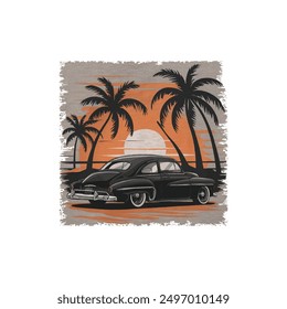 Retro sunset set with black car palm tree silhouettes isolated on t shirt design