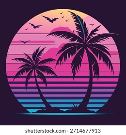 Puesta de sol retro con siluetas de palmeras y pájaros synthwave