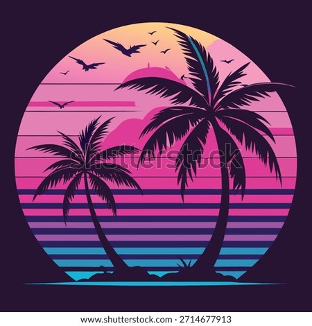 Retro sunset with silhouetted palm trees and birds synthwave