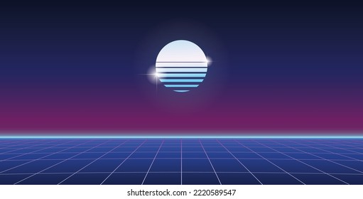 Retro sunset sphere with horizontal stripes above a grid-lined neon floor in blue and magenta gradient tones. Vaporwave landscape suitable for synthwave, cyber, and retro-future themes.