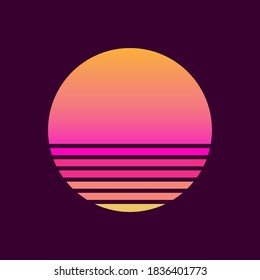 Retro sunset in the style of the 80s-90s. Abstract background with a sunny gradient. Purple and yellow colors. Design template for logo, icons, banners, prints. Isolated dark background. Vector