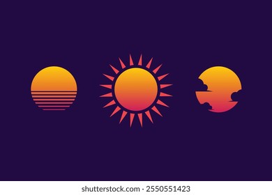 Retro sunset. sun for cyberpunk. Set of neon gradient graphic for summer logo. Vector illustration