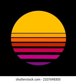 Retro Sonnenuntergang oder Sonnenaufgang Kreis mit Farbverlauf Neon Farbe. Retrowave-Style-Szene. Im Cartoon- oder Cuberpunk-Stil betrachten. 90er-Plakat-Elektro-Solarium-Vintage 