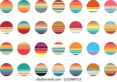 Retro sunset or sunrise collection, circle gradient, vintage colors. Background, vector illustration in blue, orange, red, beige. Round art design, summer evening, colorful morning gradation