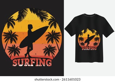 Retro sunset surfing vector with palm trees and female surfer silhouette. Perfect for summer beach vibes, vintage t-shirt prints, outdoor apparel, and surf-themed merchandise.