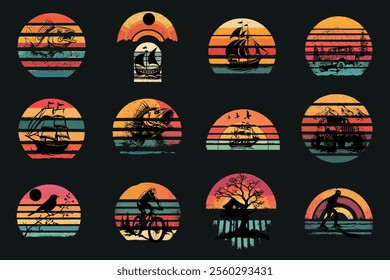 Retro sunset t-shirt design featuring vibrant gradient colors, palm trees, and a nostalgic vibe. Perfect for casual wear, beach outings, or vintage-inspired style lovers.