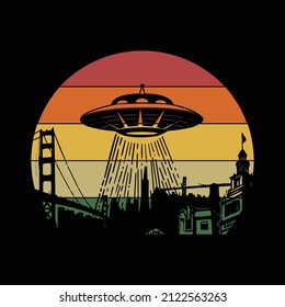 Retro Sunset UFO Flying City Skyline T shirt design svg