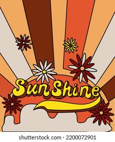 Retro sunset vector Graphic, Sunshine and flowers, groovy vibes vector graphic print design for t shirt, stickers, posters, background and others. Vintage concept vector illustration.