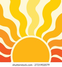 Vetor de pôr do sol retro com raios de arco-íris ondulados em laranja e amarelo, vintage 70s sunburst no fundo de creme