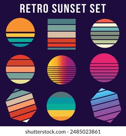 Retro sunset with vibrant striped circles: shades of orange, pink, purple, and yellow blend seamlessly, evoking a nostalgic '80s vibe. The circles create a captivating, colorful gradient in the sky.