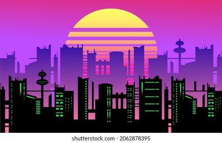 vista de la puesta de sol retro en medio del vector silhoutte de la ciudad
