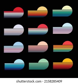 Retro sunset vintage half-circle stripes collection. Twelve Retro sunset designs on black background. These Vintage style horizontal stripes retro sunsets are for print on demand, t-shirt design, book