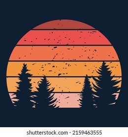 Retro sunset. Vintage striped colorful background with forest pine