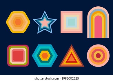 Retro sunset. Vintage sun collection in the style of the 70s. Background for printing on T-shirts on the topic of tropics, surfing, tourism, travels, beach, Hiking. Vaporwave, Bauhaus. Vector isolated