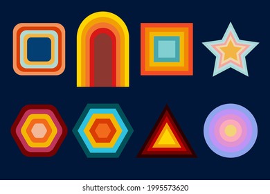 Retro sunset. Vintage sun collection in the style of the 70s. Background for printing on T-shirts on the topic of tropics, surfing, tourism, travels, beach, Hiking. Vaporwave, Bauhaus. Vector isolated