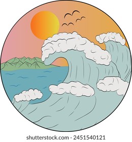 Retro sunsets in 80s and 90s style. Abstract sun at beach background with sunny gradient Art Illustration. Beach wave