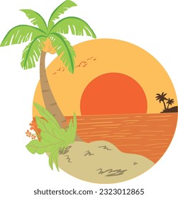 Retro sunsets beach with Palm tree. Abstract background with a sunny gradient. Silhouettes of palm trees.