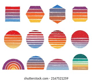 Retro sunsets shapes. Vintage 90s lines, retro stripe grunge gradient backgrounds vector set of sun striped abstract, sunrise illustration badge