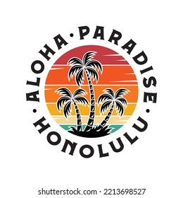 retro sunsets in the style of the 80s and 90s with palm black. Silhouettes of palm trees. Vector design template for logo, badges. Isolated white background.