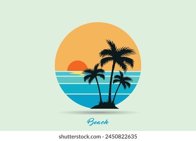 Retro sunsets in the style. Abstract background with a sunny gradient.Beach logo in circle shape.