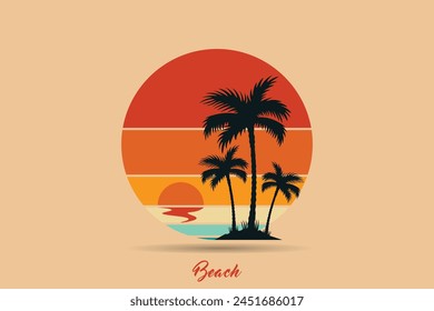 Retro sunsets in the style. Abstract background with a sunny gradient.Beach logo in circle shape.