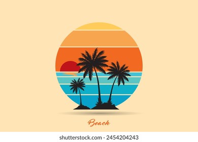 Retro Sonnenuntergänge im Stil. Abstrakter Hintergrund mit einem sonnigen Gefälle. Strand-Logo in Kreisform.