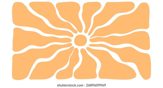 Padrão de vetor de explosão solar retro, faixas onduladas e raios geométricos em tons amarelos. Resumo 70s fundo de verão com formas circulares funky e textura de luz solar groovy.