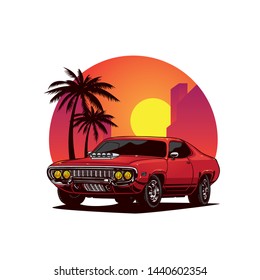 retro super car with sunset city background 